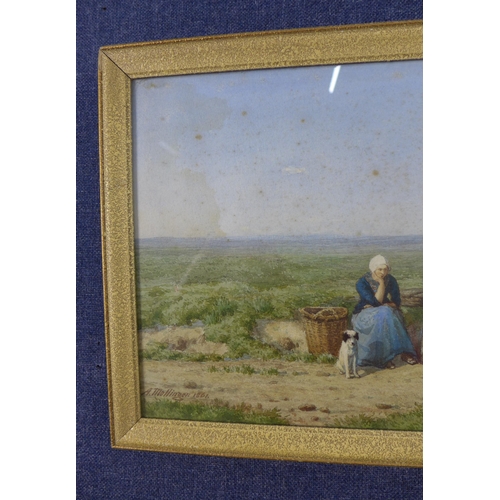 183 - A Mollinger, a watercolour of resting figures and their dog, signed and dated 1861, framed under gla... 