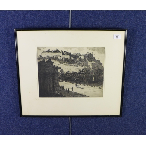 58 - Healy Hislop, Edinburgh Castle, etching, signed with pencil, framed under glass with an Aitken Dott ... 