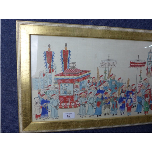 69 - Zhuang  Yuan Ji Di,  A Procession of Figures, painting on silk, framed under glass, 125 x 27cm