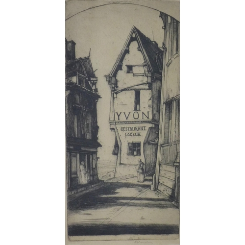 79 - DY Cameron, Yvon Restaurant, etching, signed in pencil, framed under glass, 13 x 28cm