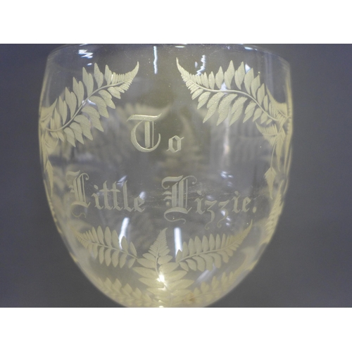 120 - Victorian fern etched goblet glass, inscribed 'To Little Lizzie' 19cm