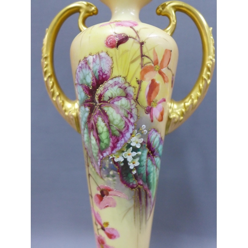 126 - Royal Worcester blush ground twin handled vase by William Hale, with blossom and leaf decoration sig... 