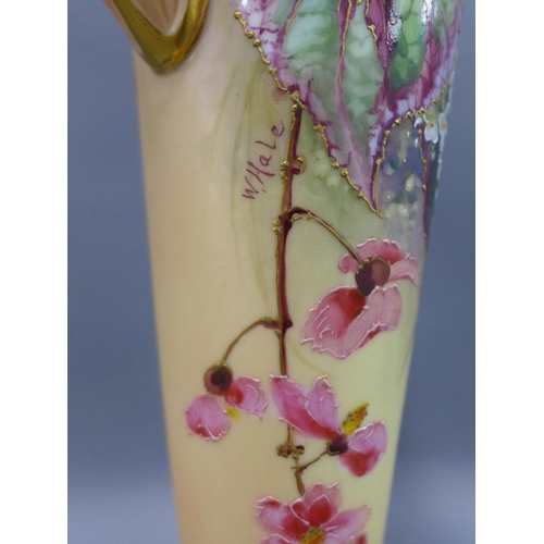 126 - Royal Worcester blush ground twin handled vase by William Hale, with blossom and leaf decoration sig... 