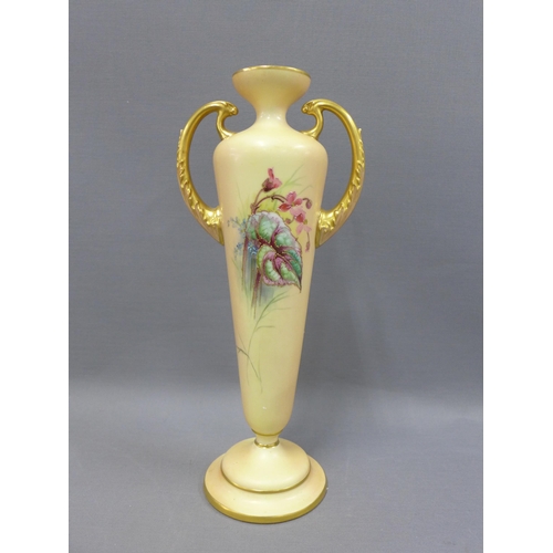 126 - Royal Worcester blush ground twin handled vase by William Hale, with blossom and leaf decoration sig... 