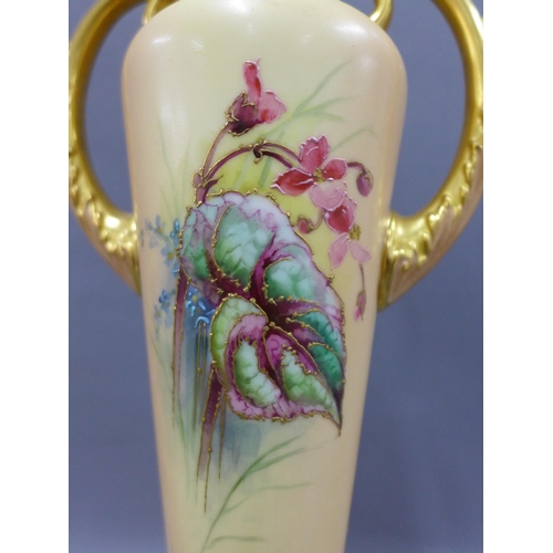 126 - Royal Worcester blush ground twin handled vase by William Hale, with blossom and leaf decoration sig... 