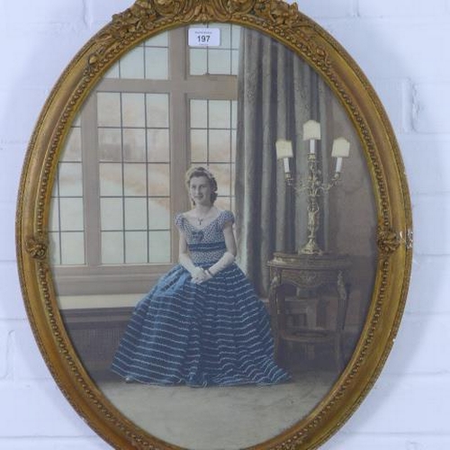 197 - Full length photographic portrait print of a lady, framed under glass within an ornate oval gilt fra... 