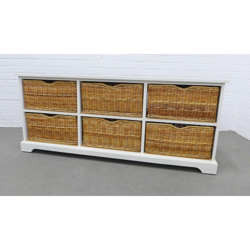 207 - Modern white laminated six drawer wicker basket storage unit. 62 x 148 x 38