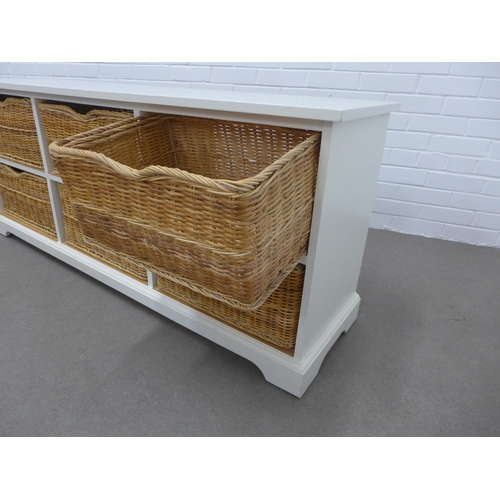 207 - Modern white laminated six drawer wicker basket storage unit. 62 x 148 x 38