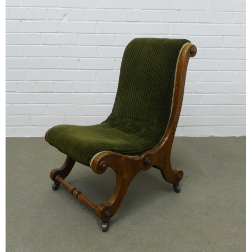 210 - Mahogany framed nursing chair with green upholstery. 68 x 39 x 34