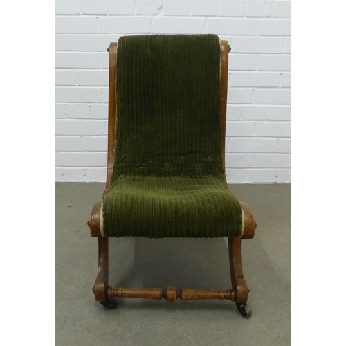 210 - Mahogany framed nursing chair with green upholstery. 68 x 39 x 34