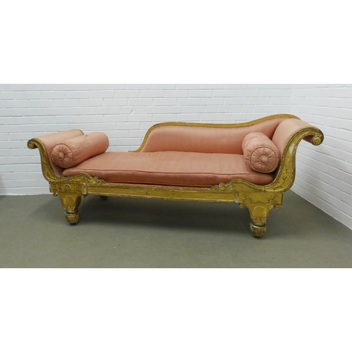 216 - A pair of 19th century Empire giltwood and upholstered scroll back settees,  79 x 202 x 59