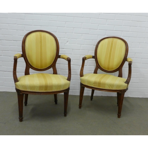 222 - Pair of Louis XVI style fruitwood fauteuil with yellow upholstered backs and seats.  92 x 57 x 50 (2... 