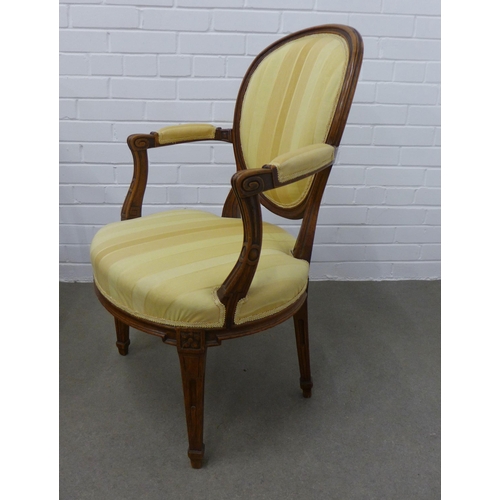 222 - Pair of Louis XVI style fruitwood fauteuil with yellow upholstered backs and seats.  92 x 57 x 50 (2... 