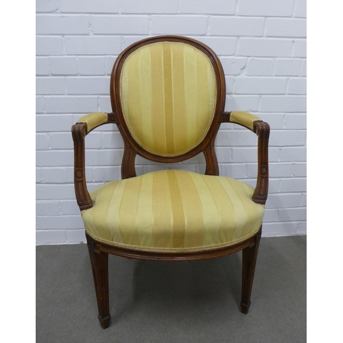 222 - Pair of Louis XVI style fruitwood fauteuil with yellow upholstered backs and seats.  92 x 57 x 50 (2... 