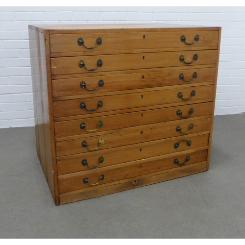 223 - Vintage pine plan chest with eight long drawers. 91 x 99 x 68