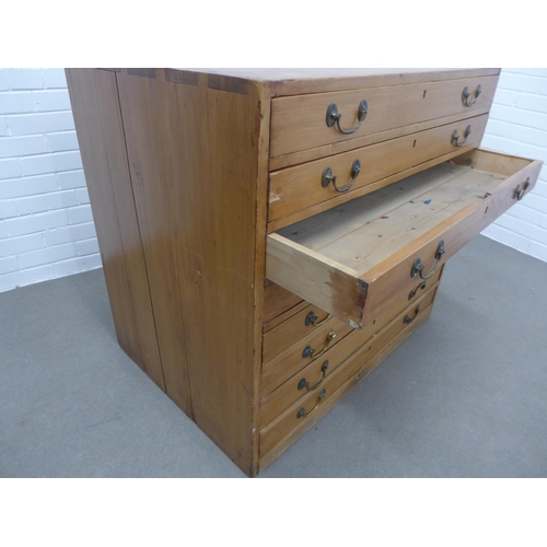 223 - Vintage pine plan chest with eight long drawers. 91 x 99 x 68