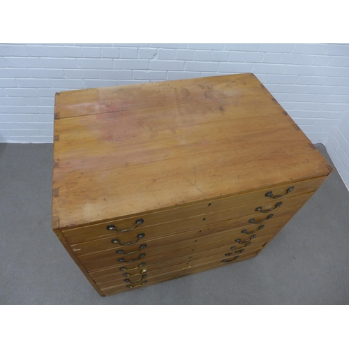 223 - Vintage pine plan chest with eight long drawers. 91 x 99 x 68