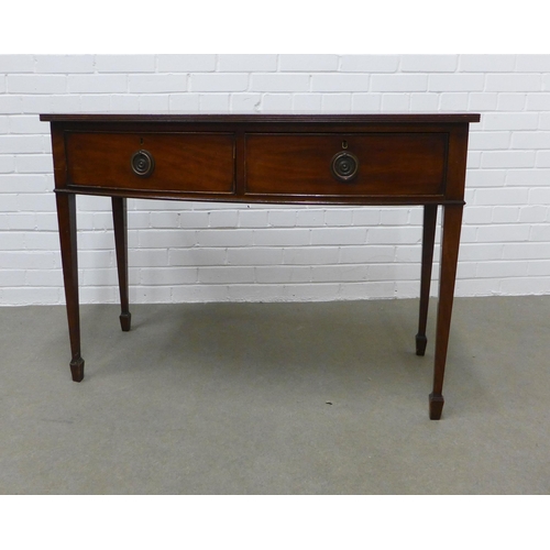 224 - Mahogany bow front side table with two short drawers, tapering legs and spade feet,  78 x 110 x 51