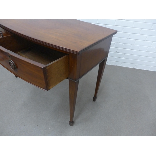 224 - Mahogany bow front side table with two short drawers, tapering legs and spade feet,  78 x 110 x 51