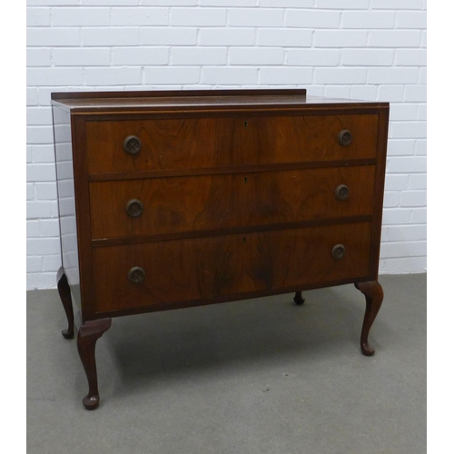 233 - Mahogany ledgeback chest with three long drawers and cabriole legs, 83 x 95 x 51cm