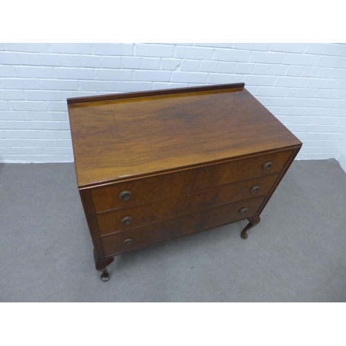 233 - Mahogany ledgeback chest with three long drawers and cabriole legs, 83 x 95 x 51cm