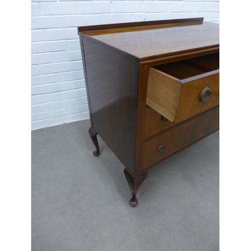 233 - Mahogany ledgeback chest with three long drawers and cabriole legs, 83 x 95 x 51cm