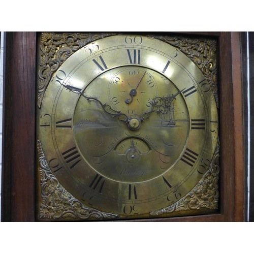 238 - Georgian longcase clock, flat top over a brass dial inscribed Richard Biggs of Romsey. 197 x 48 x 23... 