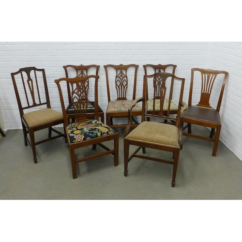 251 - Set of four mahogany side chairs together with three others including a carver chair. 95 x 53 x 41cm... 