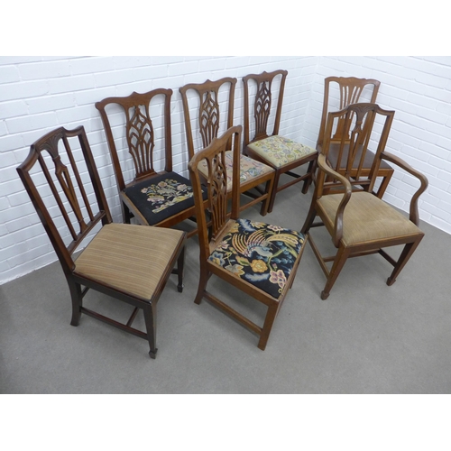 251 - Set of four mahogany side chairs together with three others including a carver chair. 95 x 53 x 41cm... 