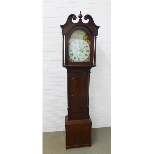 256 - 19th century mahogany longcase clock,  swan neck top over a painted dial inscribed Burnett of Tarves... 