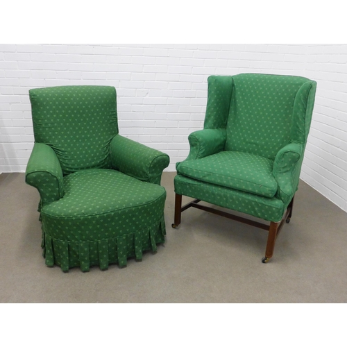 275 - Wingback armchair with green cover together with an armchair with loose green covers. 105 x 75 x 51c... 