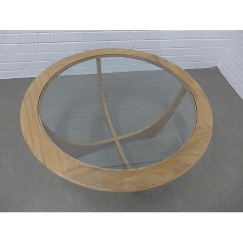 280 - Teak coffee table, circular glass top. 45 x 83cm