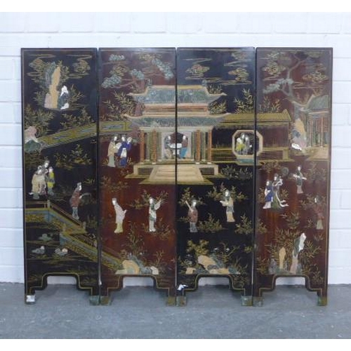 291 - Hardstone inlaid and lacquer four fold screen,  102 x 87cm