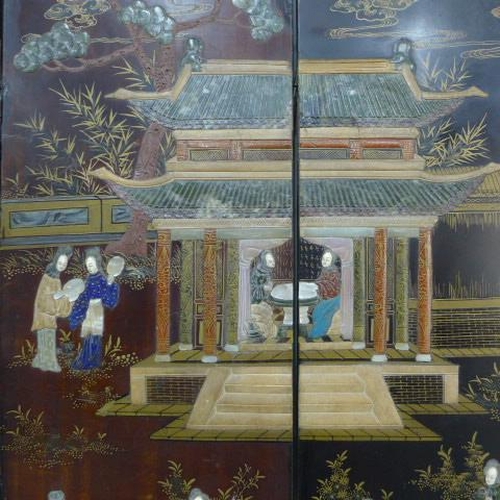 291 - Hardstone inlaid and lacquer four fold screen,  102 x 87cm