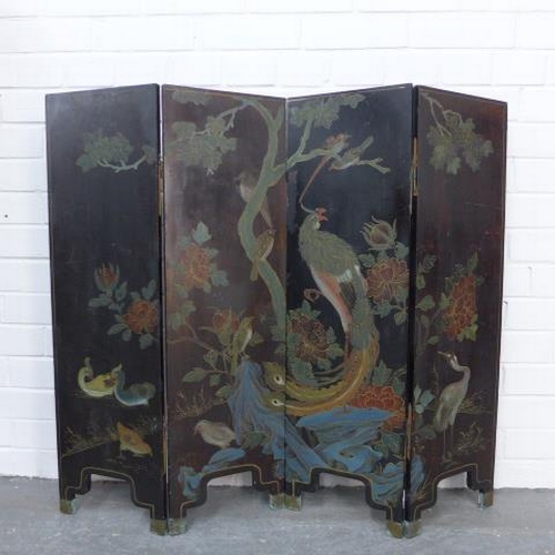 291 - Hardstone inlaid and lacquer four fold screen,  102 x 87cm