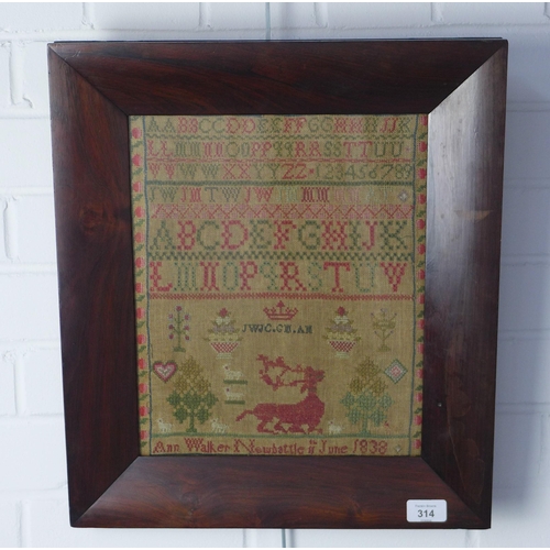 314 - Early Victorian needlework sampler, worked by Ann Walker Newbattle, 11t June 1838, under glass withi... 