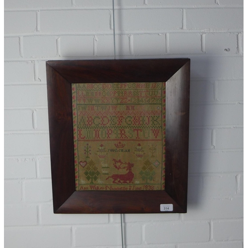 314 - Early Victorian needlework sampler, worked by Ann Walker Newbattle, 11t June 1838, under glass withi... 