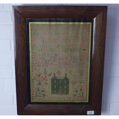 315 - William IV needlework sampler, dated 1830, under verre eglomise glass, within a faux rosewood frame,... 