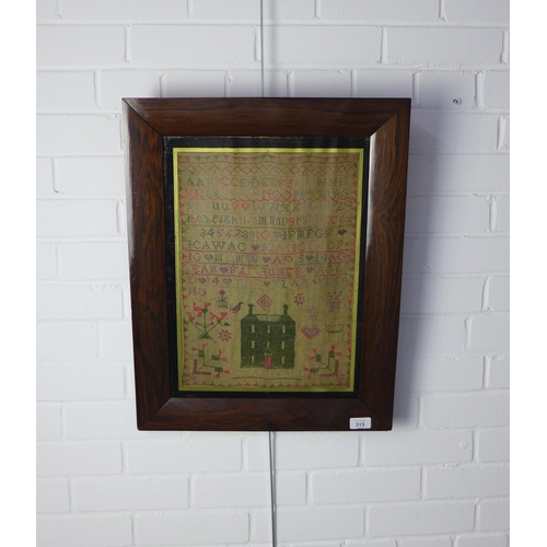 315 - William IV needlework sampler, dated 1830, under verre eglomise glass, within a faux rosewood frame,... 