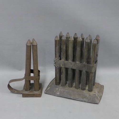 322 - 19th century toleware candle moulds,  27cm tall (2)