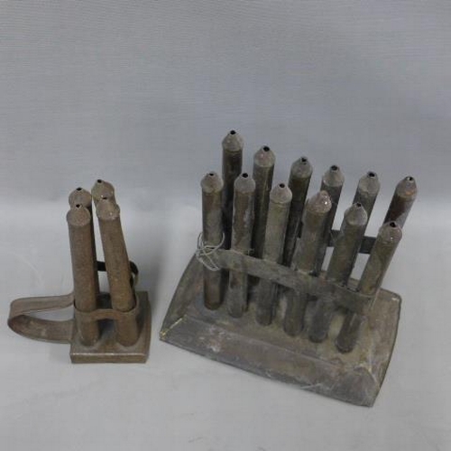 322 - 19th century toleware candle moulds,  27cm tall (2)