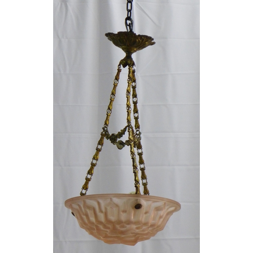 327 - Deque, French moulded glass plaffonier with gilt metal hanging chains, signed, drop is 65cm, shade d... 