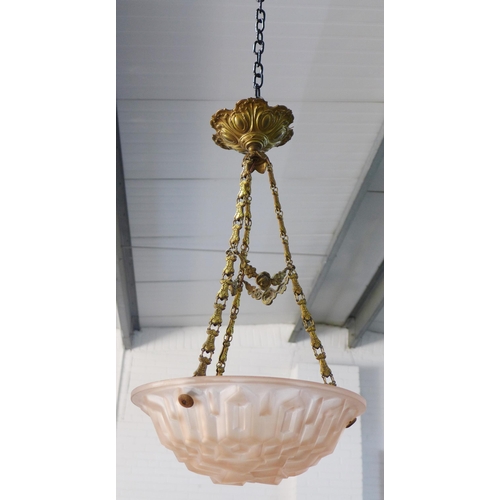 327 - Deque, French moulded glass plaffonier with gilt metal hanging chains, signed, drop is 65cm, shade d... 