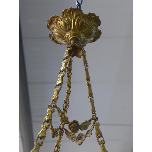 327 - Deque, French moulded glass plaffonier with gilt metal hanging chains, signed, drop is 65cm, shade d... 