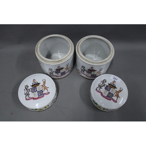 331 - Pair of armorial jars and covers (2) 16cm