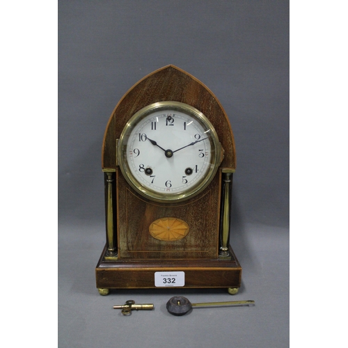 332 - Mahogany and satin inlaid mantle clock, arched case with paterae, enamel dial with Arabic numerals, ... 