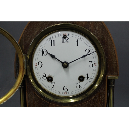 332 - Mahogany and satin inlaid mantle clock, arched case with paterae, enamel dial with Arabic numerals, ... 