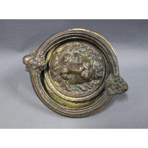 337 - Brass lion mask head door knocker, 13cm