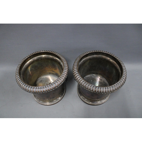 357 - Pair of silver plated ice bucket / wine coolers, gadroon rim and anthemion ring handles, (2) 15cm