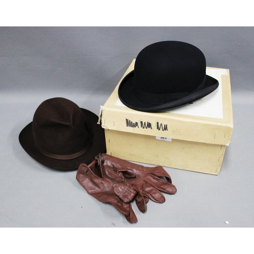 361 - Herbert Johnson brown felt hat, Scott & Co black bowler hat and a pair of brown leather gloves (3)